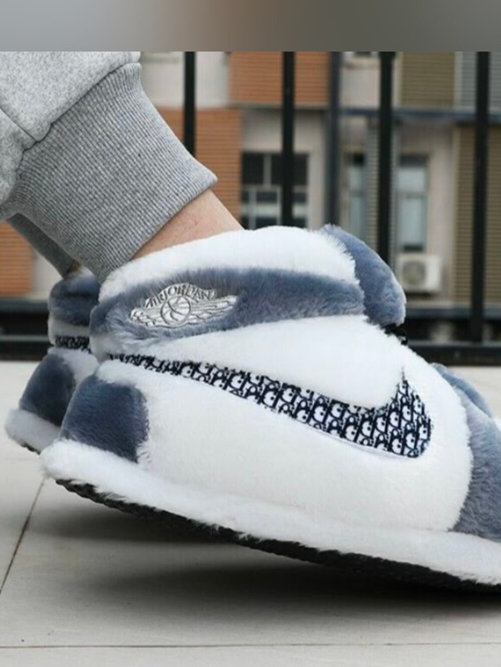 Cozy Gray & White Custom Dior Nike Plush Bunny Slippers for Women